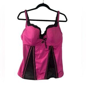 Frederick’s of Hollywood Corset Pink and Black Lace Trim Cami Top Suze XLFF